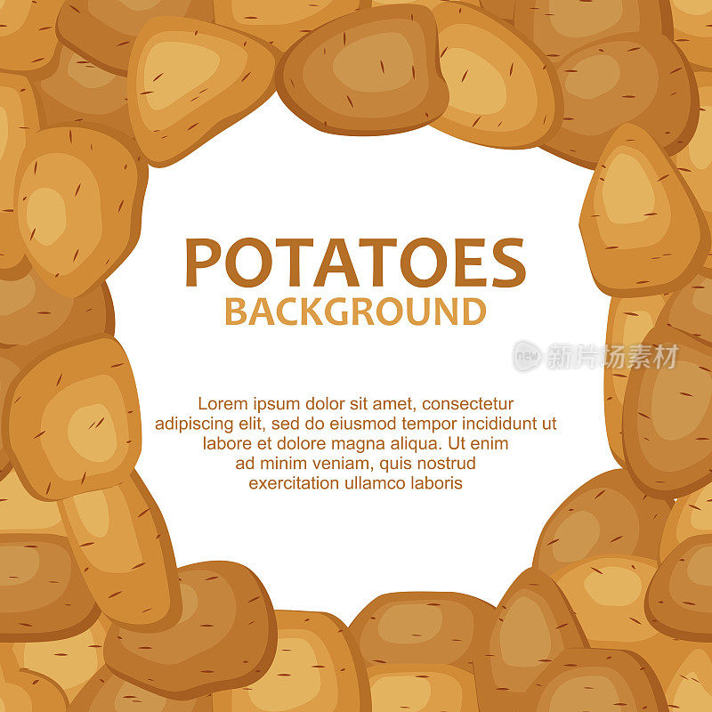 Round frame template with vector potatoes. Farm vegetable poster. Brown potato vector illustration